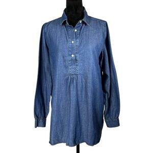 Loft Denim Tunic Top Long Sleeve Shirt Henley Buttons Linen Loose Dress